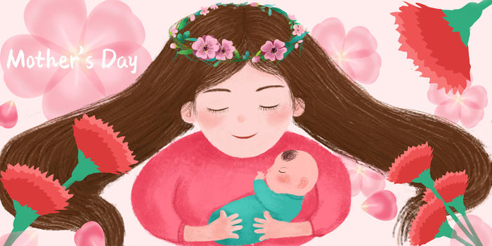 感恩母亲节妈妈抱宝宝浪漫粉色海报插图图片素材免费下载