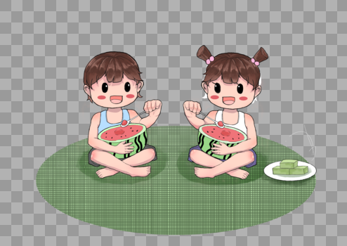 两个小朋友在抱着西瓜吃图片素材免费下载