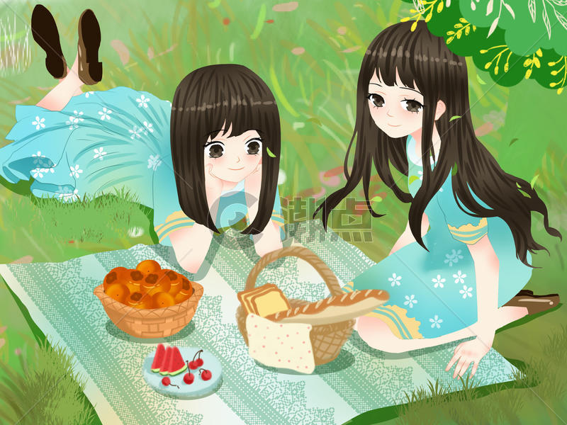 小清新风格夏日在外野餐的闺蜜图片素材免费下载