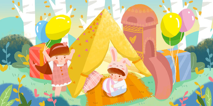 六一儿童节在森林乐园愉快玩耍小清新插画图片素材免费下载