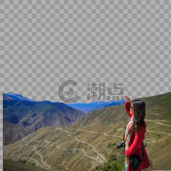 西藏高原盘山公路与女孩的倩影图片素材免费下载