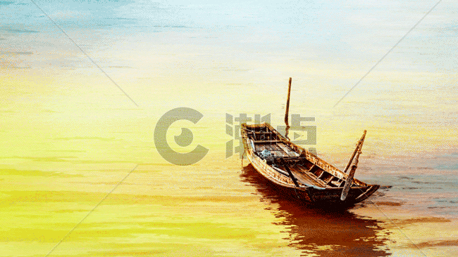 夕阳孤舟荡漾于湖面图GIF图片素材免费下载