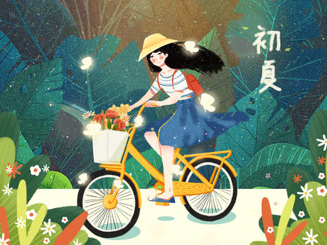小清新风格插画初夏骑车的女孩图片素材免费下载