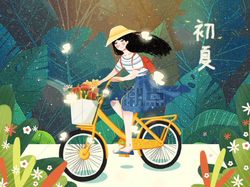 小清新风格插画初夏骑车的女孩图片素材免费下载