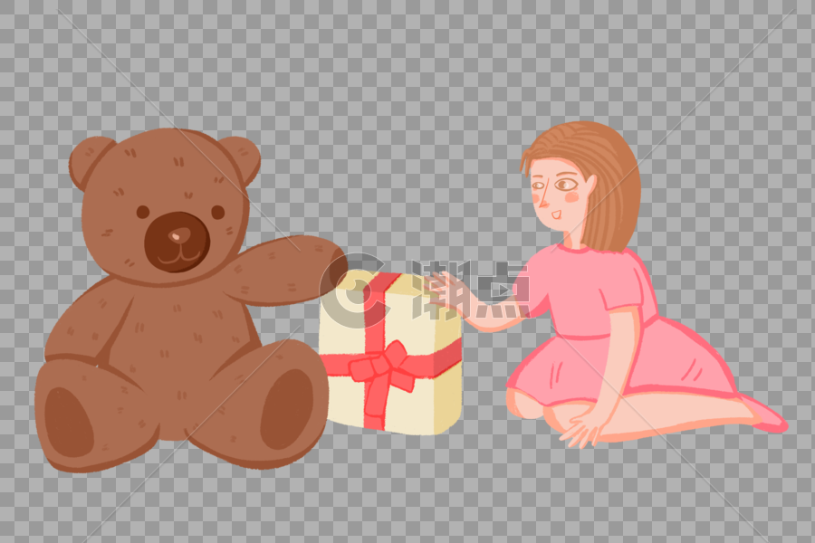 手绘小女孩和玩具熊递礼物图片素材免费下载