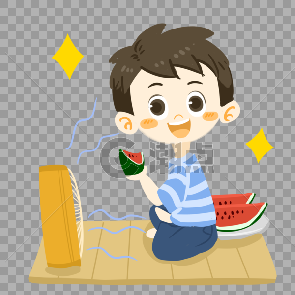 夏日卡通男孩吹风扇吃西瓜图片素材免费下载