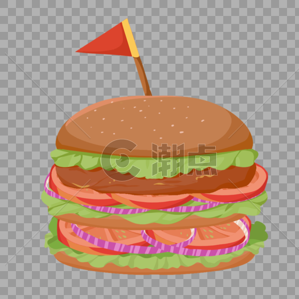 插旗的多层汉堡食物扁平化元素快餐店汉堡店图片素材免费下载