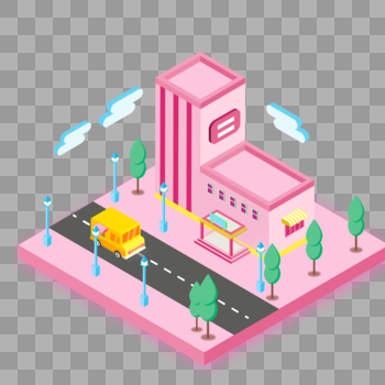 粉色可爱小清新城市街头2.5D插画图片素材免费下载