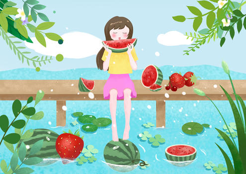 夏天草莓西瓜河岸的女孩图片素材免费下载