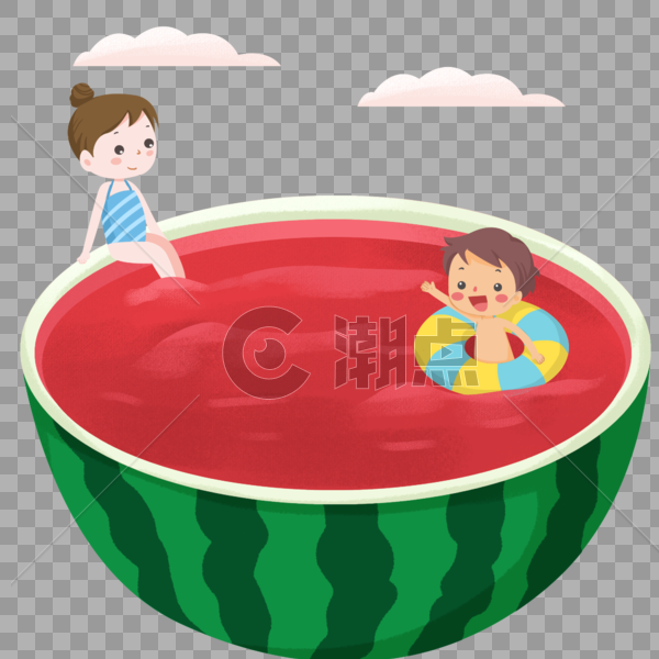 夏季在西瓜泳池里游泳的小朋友图片素材免费下载