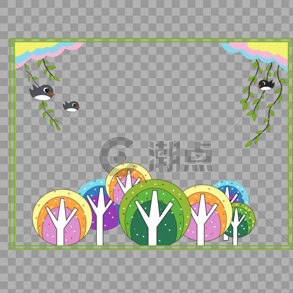 彩色卡通大树树叶小鸟边框图片素材免费下载