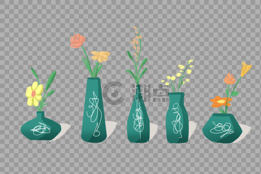 蓝色花瓶里的植物和花朵图片素材免费下载