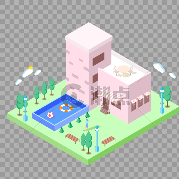 2.5D小清新粉色泳池房子创意插画图片素材免费下载