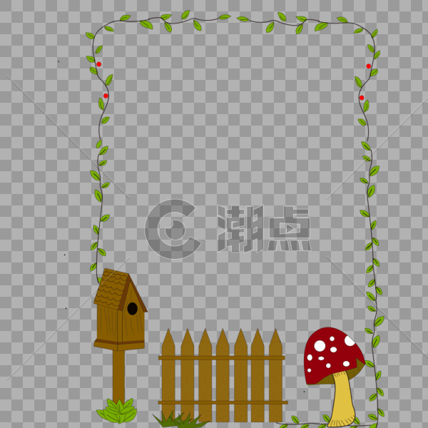 红色蘑菇栅栏小房子绿叶边框图片素材免费下载