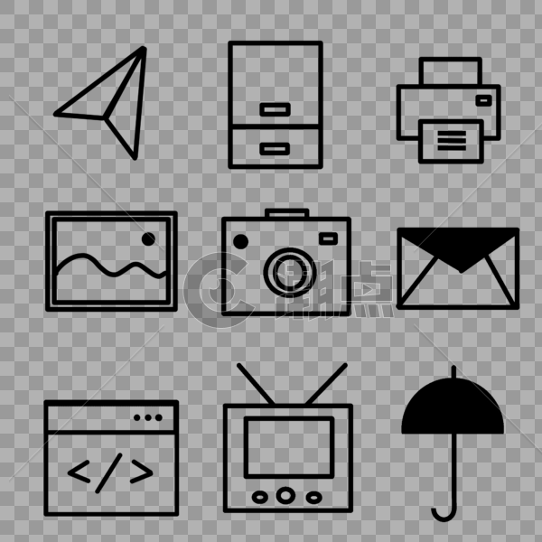 黑色商务图标雨伞打印机信封照相机冰箱图片素材免费下载