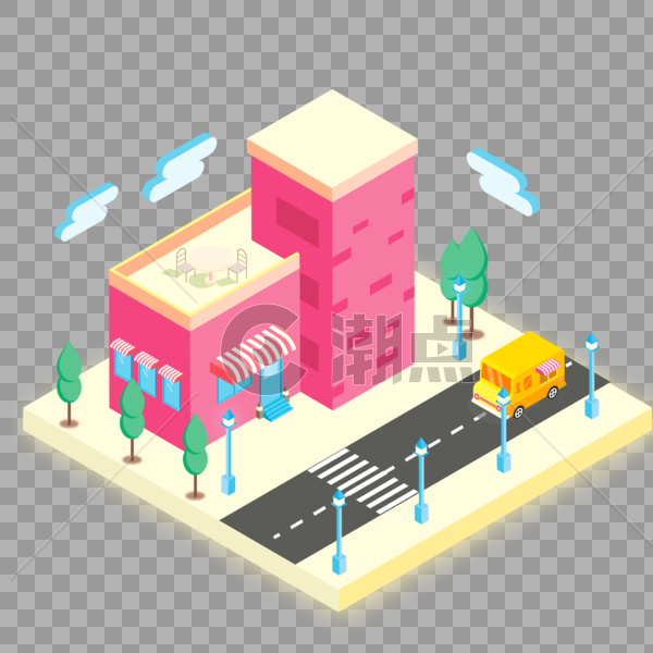 2.5D粉色城市居民房子建筑插画图片素材免费下载