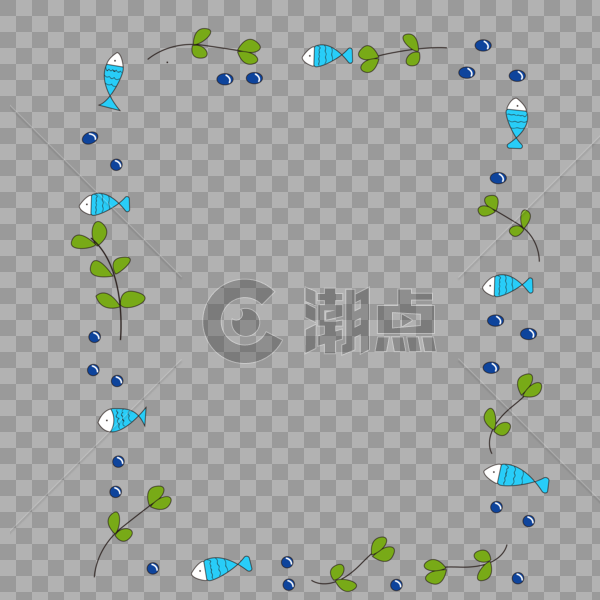 蓝色小鱼绿叶花边边框图片素材免费下载