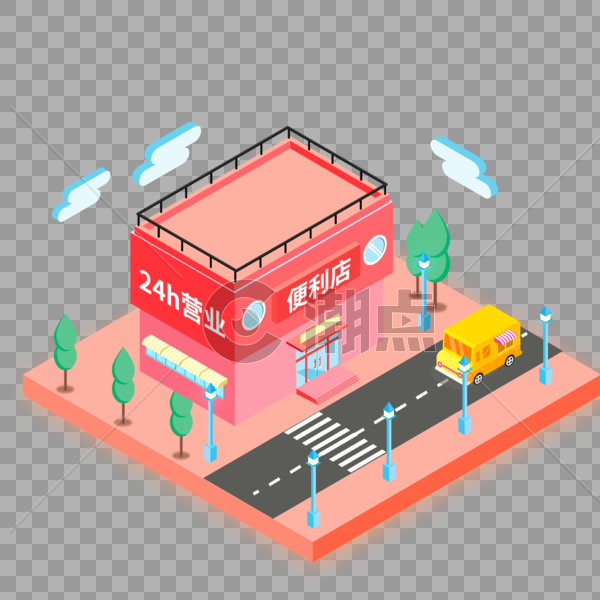 2.5D粉色便利店房子建筑插画图片素材免费下载