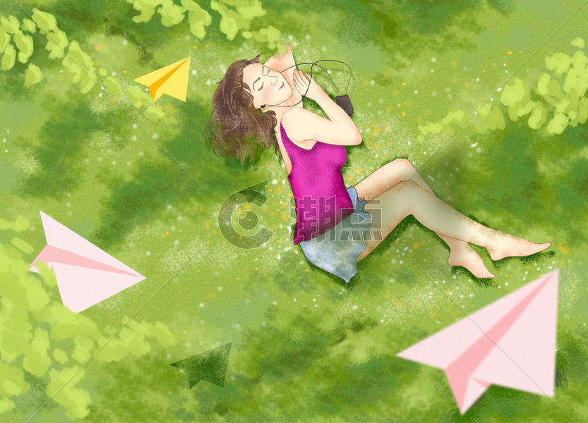 盛夏躺在草地上听音乐图片素材免费下载