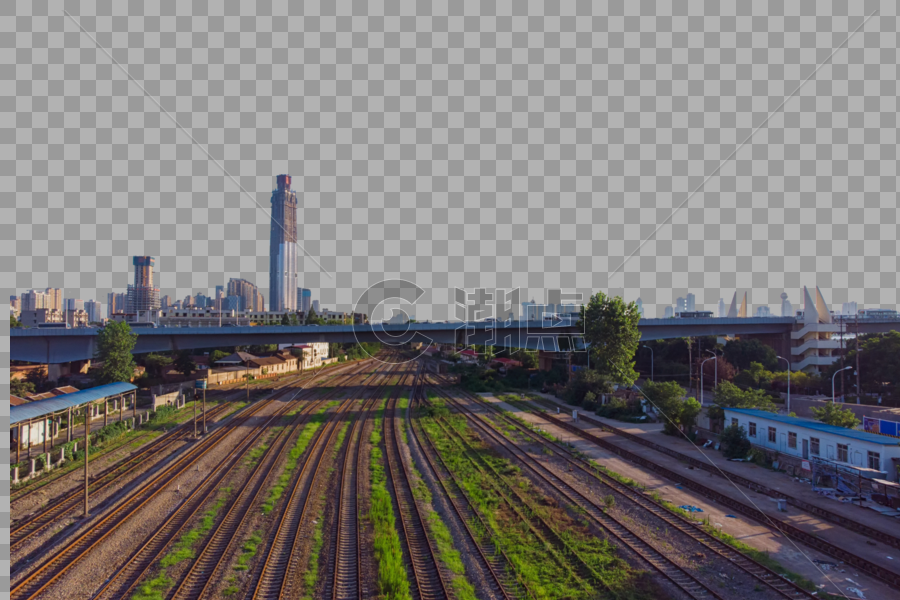 蓝天白云下的武汉铁路和地标建筑图片素材免费下载