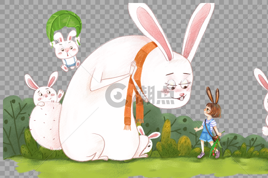 手绘兔子和小女孩童趣场景图片素材免费下载