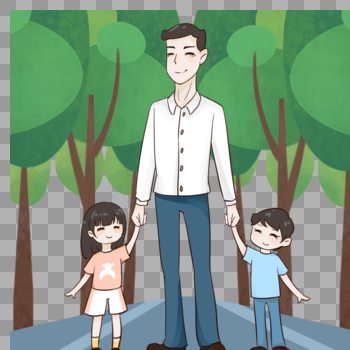 父亲牵着两个孩子的手走在路上图片素材免费下载
