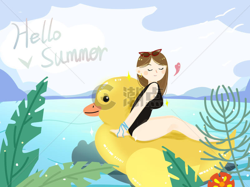 夏季沙滩美女小黄鸭插画图片素材免费下载