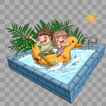 动漫厚涂游泳池中骑着小黄鸭的孩子们插画PNG图片素材免费下载