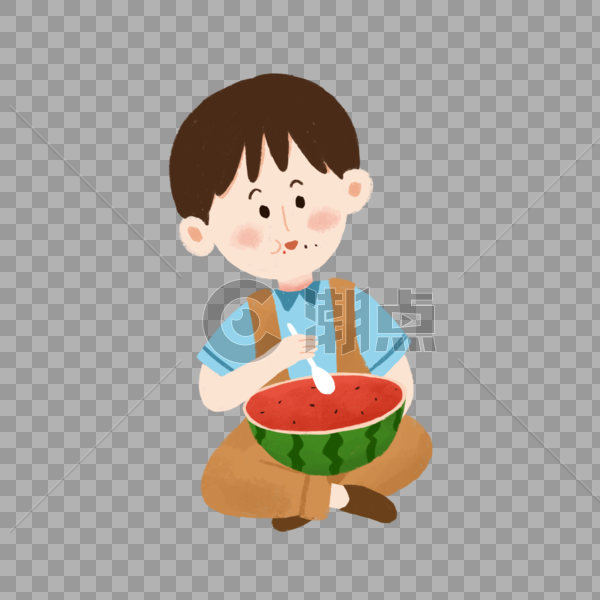 盘腿用勺子吃西瓜的小朋友图片素材免费下载