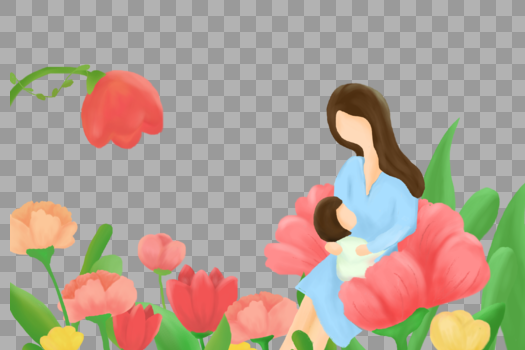 坐在花中抱着孩子的母亲图片素材免费下载