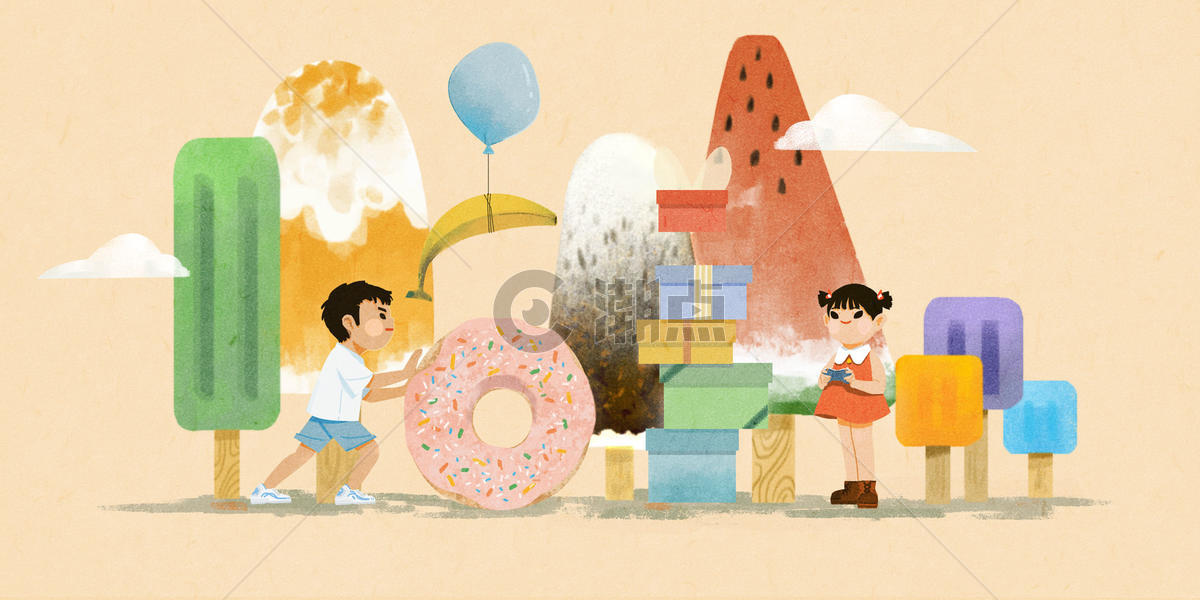 儿童节零食礼物扁平手绘温馨插画图片素材免费下载
