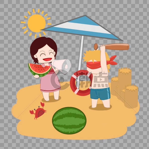 沙滩上吃西瓜的人图片素材免费下载
