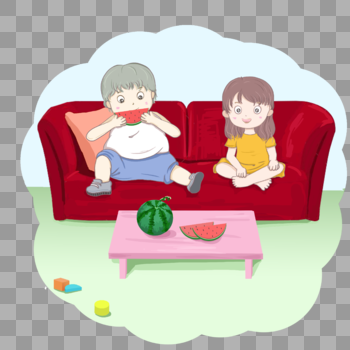 坐在沙发上吃西瓜的孩子图片素材免费下载