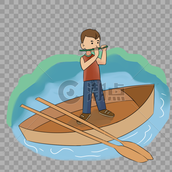 卡通手绘划船的男孩开心吹柳笛图片素材免费下载