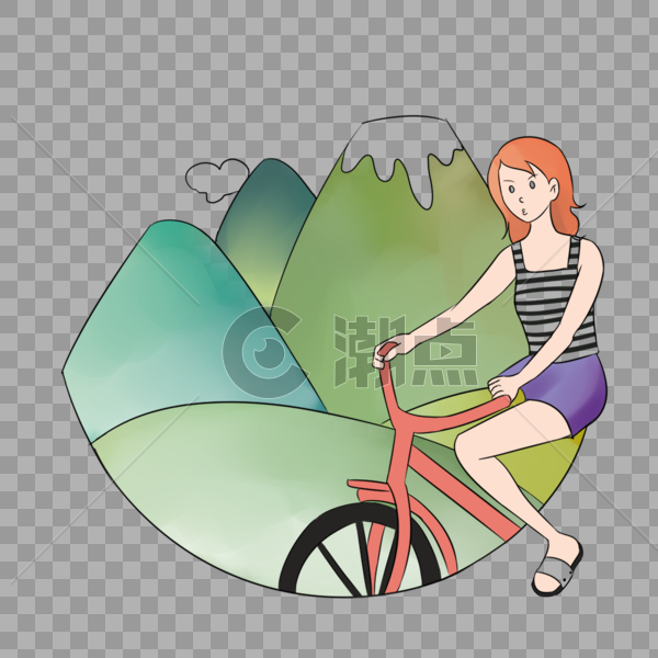 卡通手绘户外踏青骑自行车的女孩图片素材免费下载