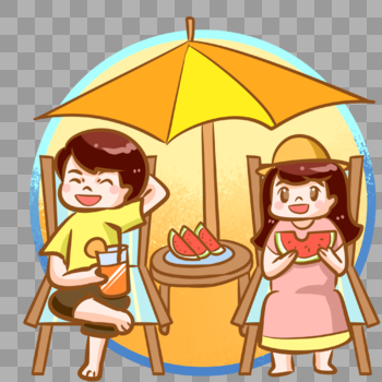 坐在沙滩椅上吃西瓜的情侣图片素材免费下载