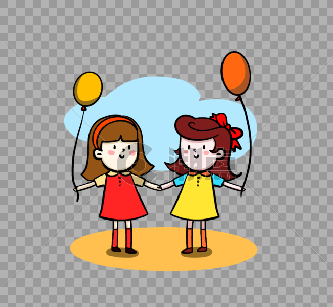卡通手绘可爱小女孩拿着气球开心手拉手图片素材免费下载