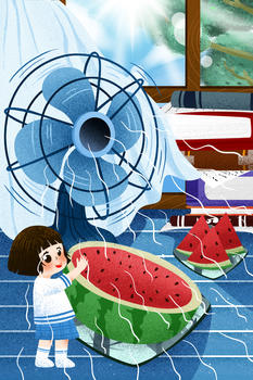 夏天吃西瓜插画图片素材免费下载