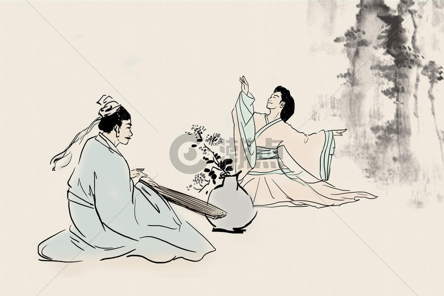 中国风水墨画文人骚客酌酒品茗扶琴插画图片素材免费下载