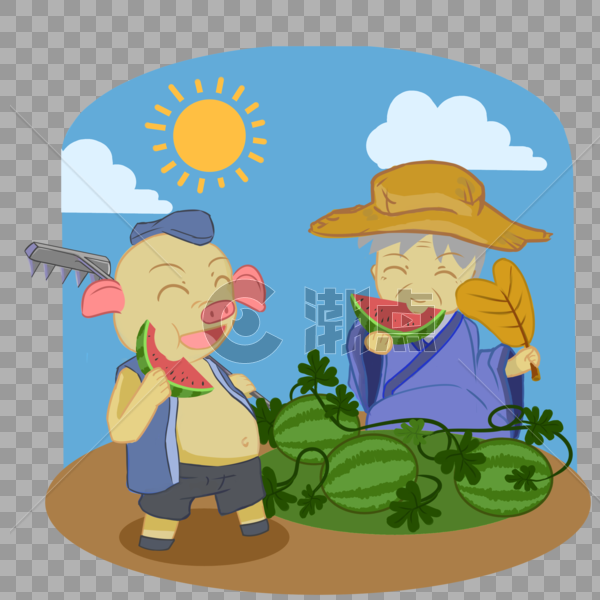 吃西瓜的老人和八戒图片素材免费下载