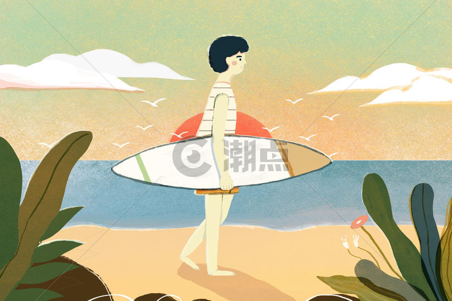 简约小清新手绘假期海边度假插画图片素材免费下载