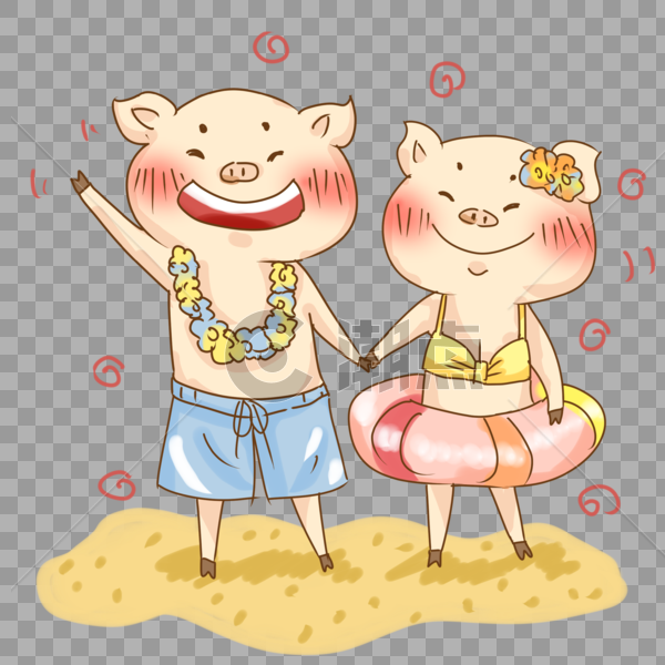 夏日猪猪沙滩游玩插画PNG图片素材免费下载