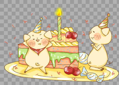 猪猪吃蛋糕庆祝插画PNG图片素材免费下载
