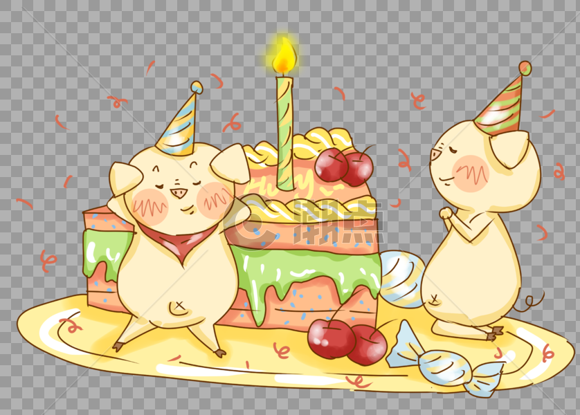 猪猪吃蛋糕庆祝插画PNG图片素材免费下载