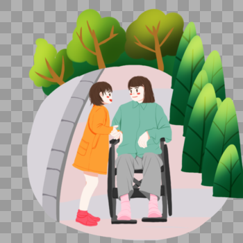 助残日手绘推轮椅图片素材免费下载