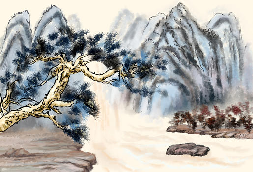水墨的山水树木图片素材免费下载