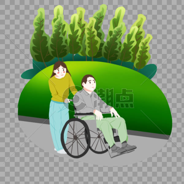 助残日手绘推轮椅图片素材免费下载