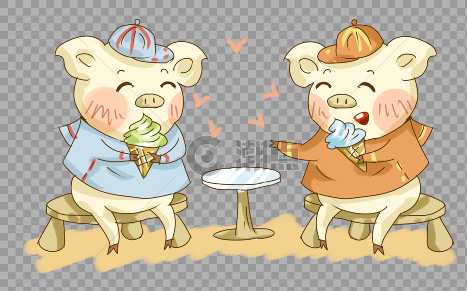 夏日猪猪吃冰淇淋聊天插画PNG图片素材免费下载