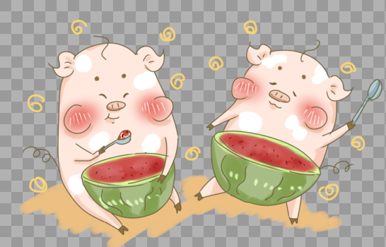 炎热夏日猪猪吃大西瓜插画PNG图片素材免费下载