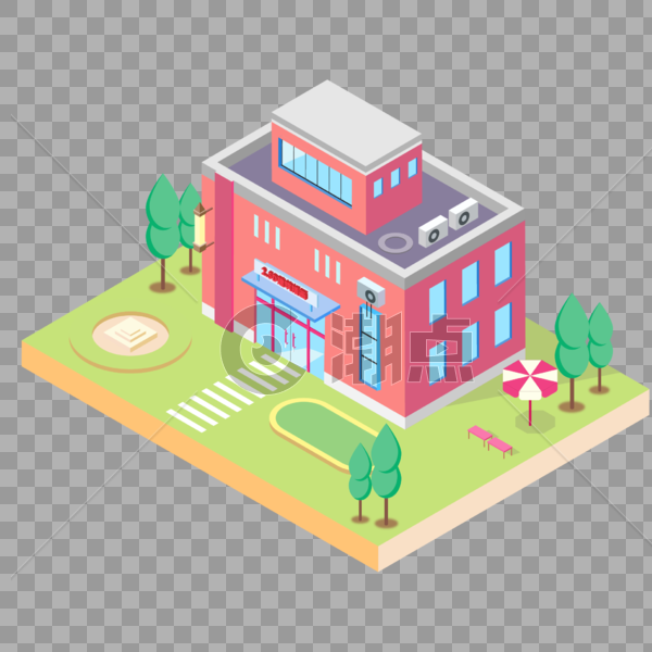 2.5D小清新绿色场景红色房子建筑插画图片素材免费下载